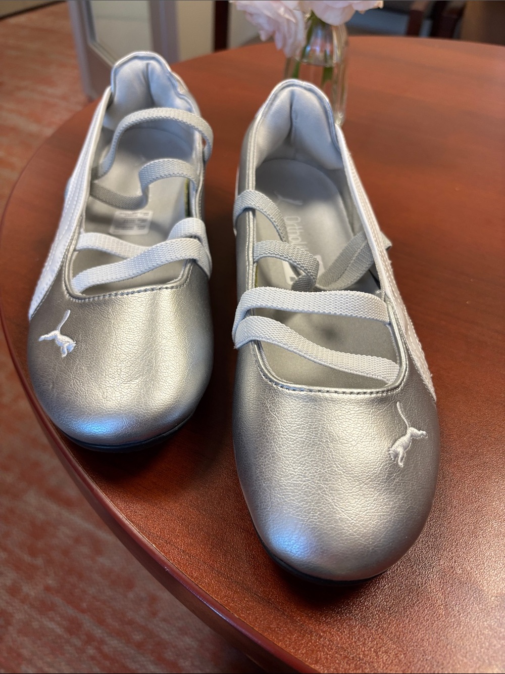 Puma Women's Metallic Silver Ballet Flats with Elastic Cross Straps - Picture 3 of 5